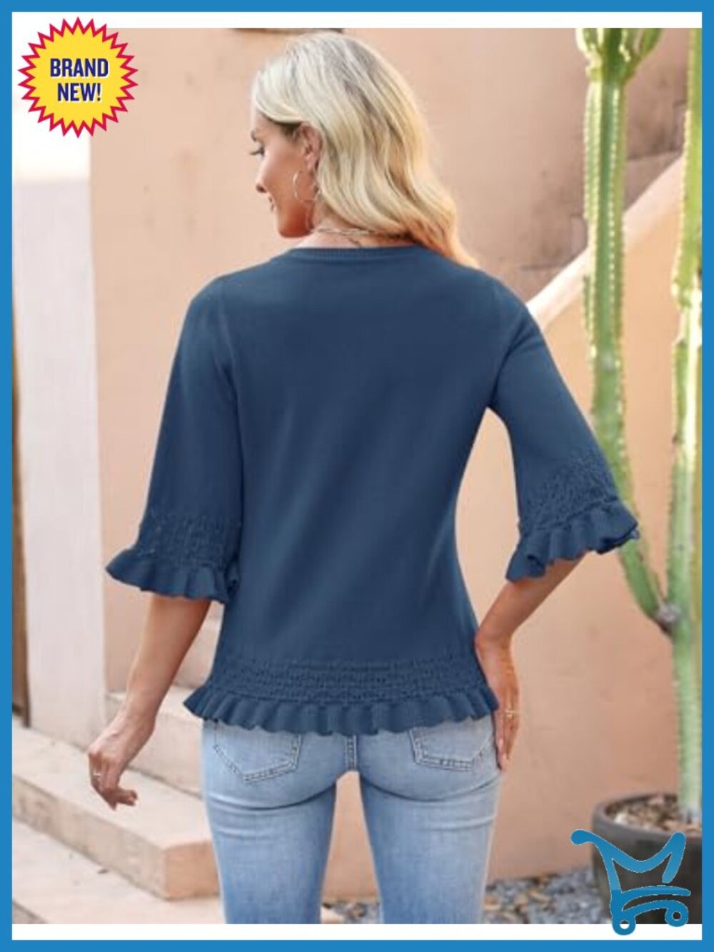 Women's 3/4 Sleeve V-Neck Peplum Crop Knit Pullover Sweater - Picture 3 of 6